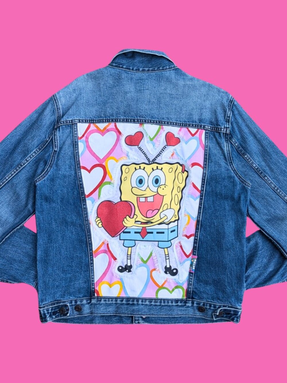 Sponge Bob Square Pants Upcycled T-Shirt Denim Jacket Size M